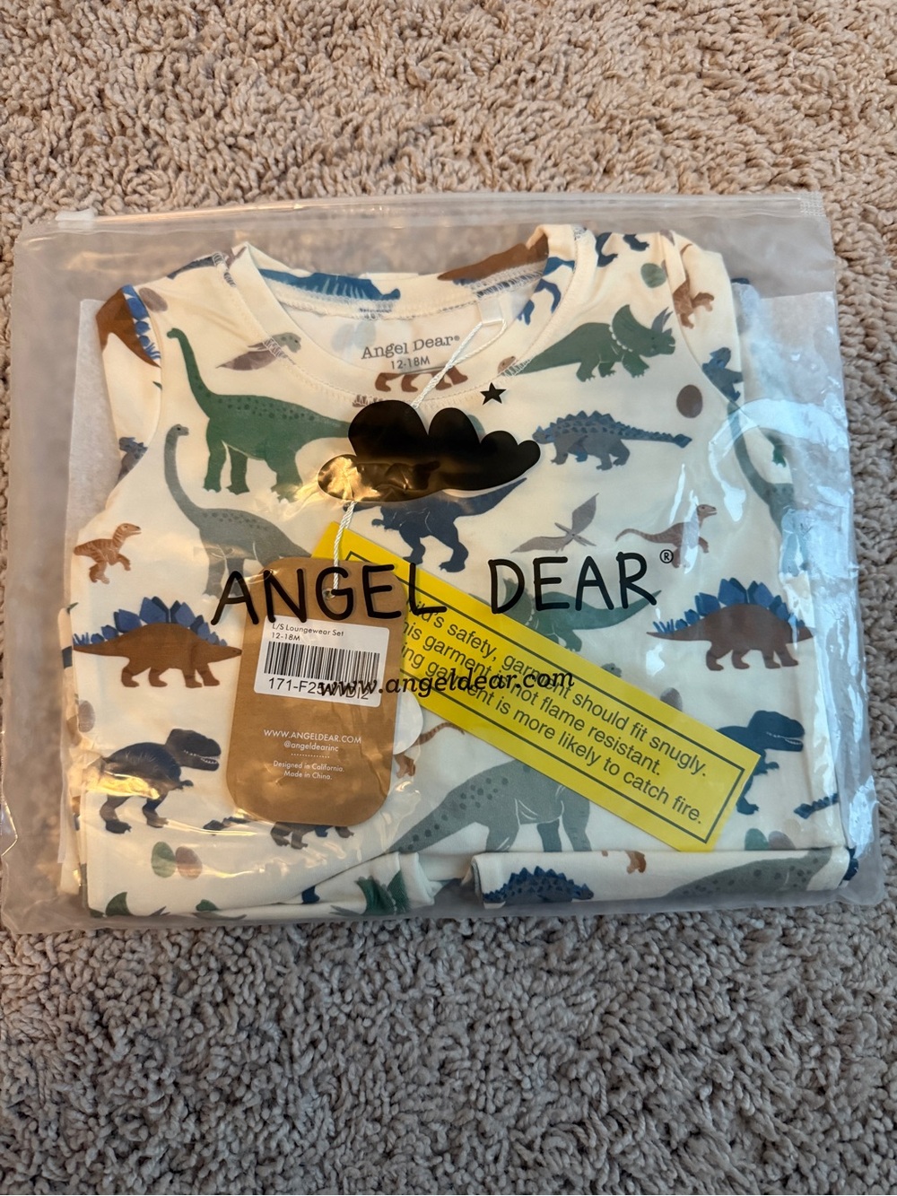 Angel Dear Cream Baby Pajamas with Green, Blue & Brown Dinosaurs